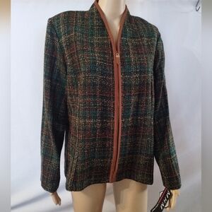 M.H.M Melissa Harper Textured Jacket Size 18 Green Brown Tweed Zip Front Fall